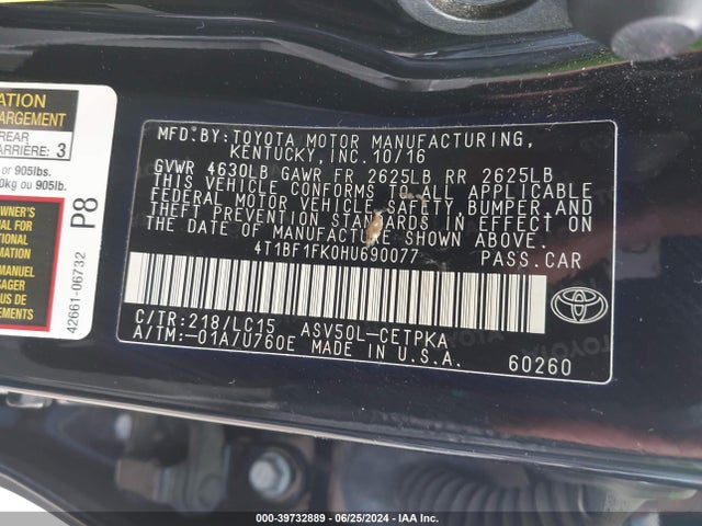 Toyota CAMRY XSE 2017 4T1BF1FK0HU690077 Image 9