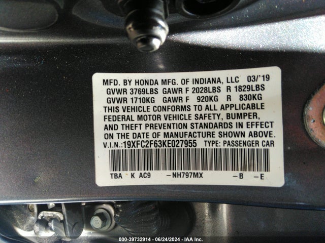 Honda Civic Lx 2019 19XFC2F63KE027955 Image 9
