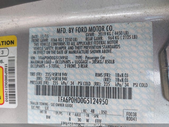 Ford FUSION SE 2016 1FA6P0HD0G5124950 Image 9