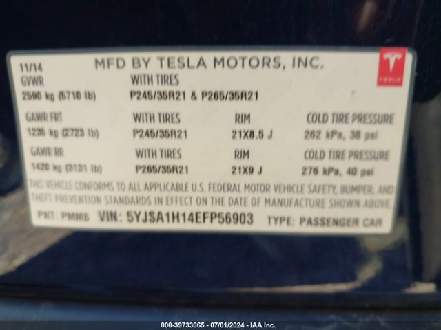 Tesla Model S P85 2014 5YJSA1H14EFP56903 Image 9