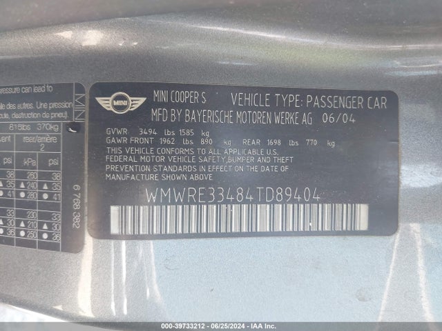 2004 MINI COOPER S WMWRE33484TD89404 Photo 8