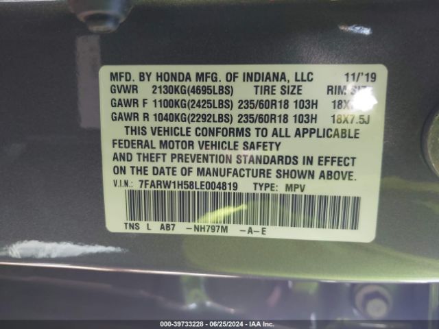 7FARW1H58LE004819 Honda Cr-v 2wd Ex