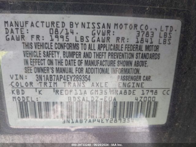 3N1AB7AP4EY289354 Nissan SENTRA SV