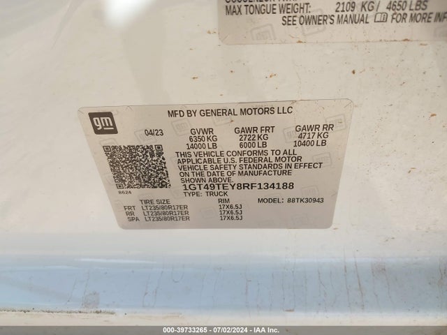 39733265 :رقم المزاد ، 1GT49TEY8RF134188 vin ، 2024 Gmc Sierra 3500hd Sle مزاد بيع