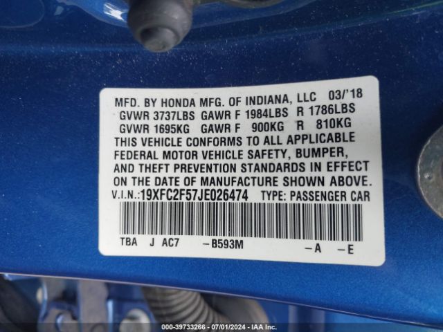 19XFC2F57JE026474 Honda Civic Lx