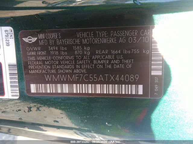 2010 MINI COOPER S WMWMF7C55ATX44089 Photo 8