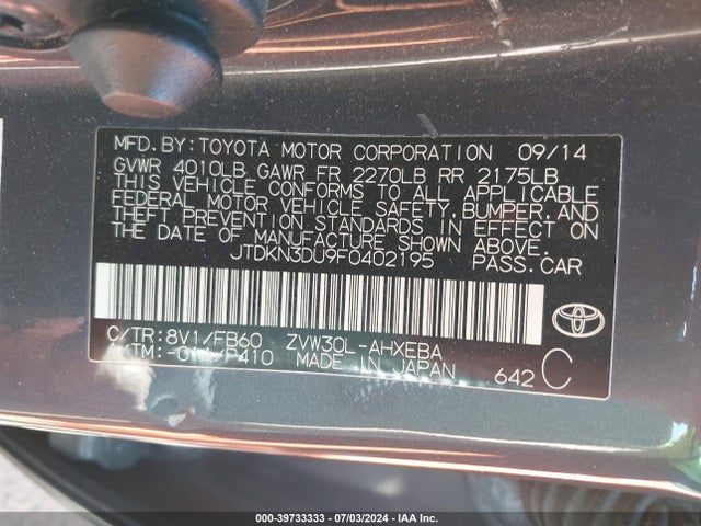 Toyota Prius 2015 JTDKN3DU9F0402195 Image 9
