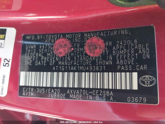 Toyota CAMRY SE 2021 4T1G11AK1MU493831 Image 9
