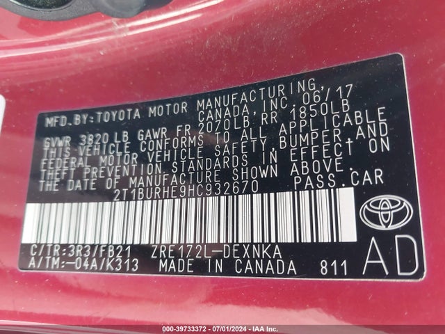 Toyota COROLLA LE 2017 2T1BURHE9HC932670 Image 9