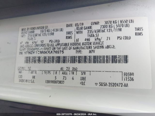 1FMZK1CM4KKA76975 Ford Transit-150 Xl