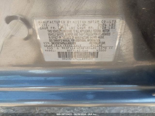3N1CN7AP6JL855103 Nissan Versa 1.6 S+