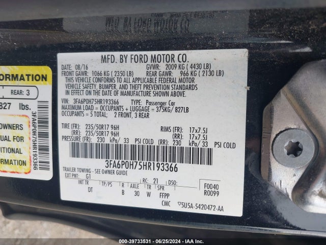 Ford FUSION SE 2017 3FA6P0H75HR193366 Image 9