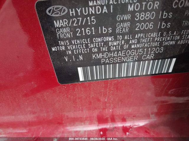 KMHDH4AE0GU511203 Hyundai ELANTRA SE