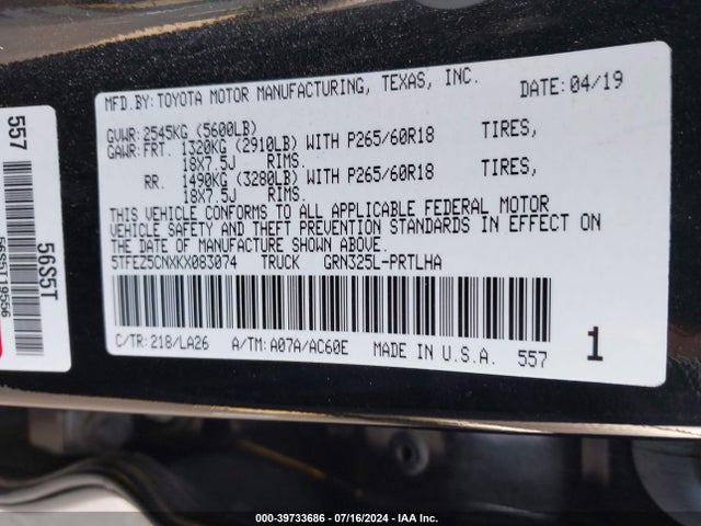 Toyota Tacoma Limited 2019 5TFEZ5CNXKX083074 Image 9