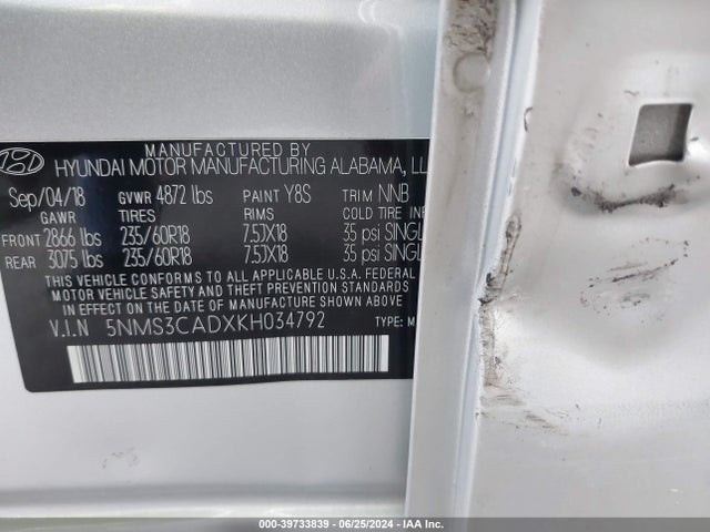 5NMS3CADXKH034792 Hyundai Santa Fe Sel Plus
