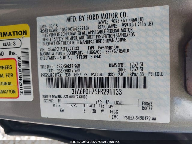 Ford FUSION SE 2015 3FA6P0H75FR291133 Image 9