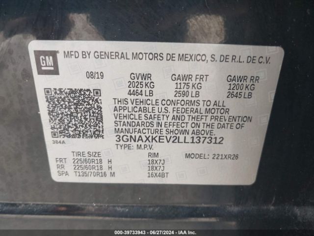 3GNAXKEV2LL137312 Chevrolet Equinox Fwd Lt 1.5l Turbo
