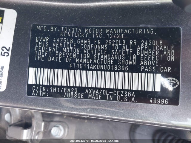 Toyota CAMRY SE 2022 4T1G11AK0NU018396 Image 9