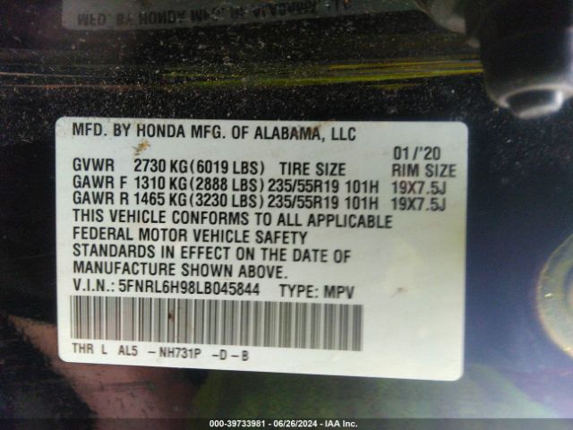 5FNRL6H98LB045844 Honda Odyssey Elite