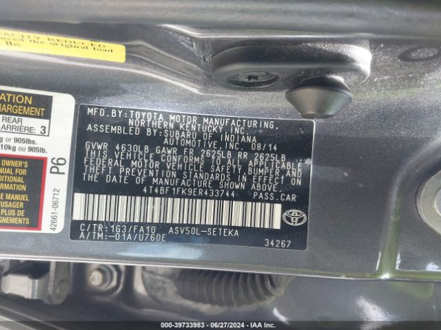 4T4BF1FK9ER433744 Toyota CAMRY L