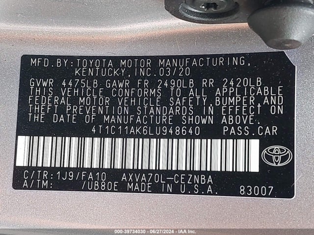 Toyota CAMRY LE 2020 4T1C11AK6LU948640 Image 9
