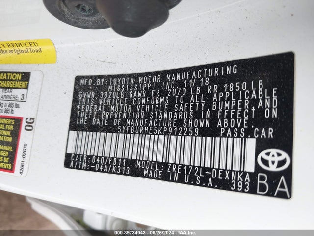 Toyota COROLLA LE 2019 5YFBURHE5KP912259 Image 9