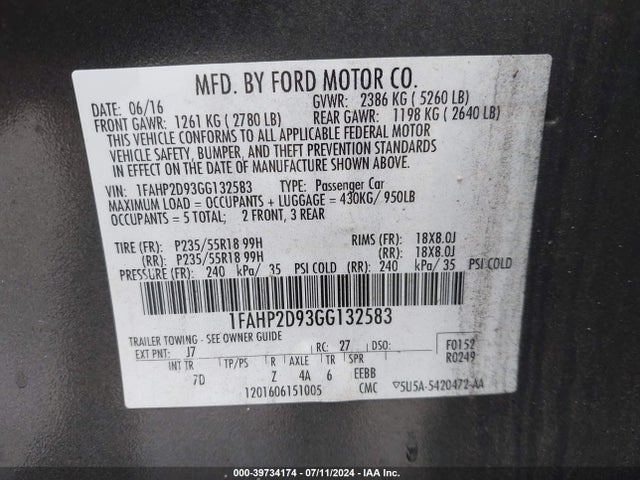 Ford TAURUS SE 2016 1FAHP2D93GG132583 Image 9