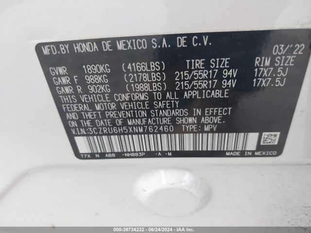 3CZRU6H5XNM762460 Honda Hr-v Awd Ex