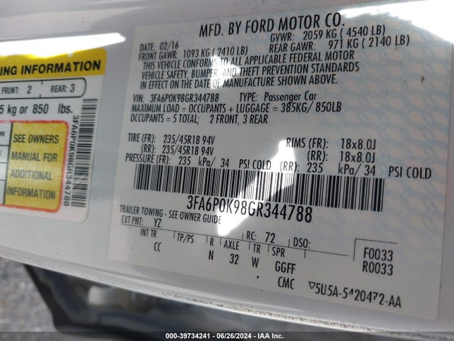 Ford Fusion Titanium 2016 3FA6P0K98GR344788 Image 9