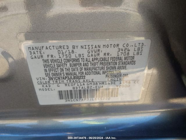 3N1CN7AP3JL855222 Nissan Versa 1.6 Sv