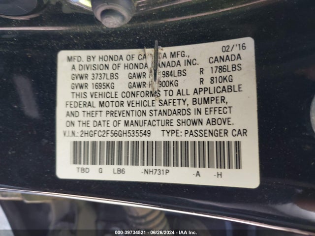 Honda Civic Lx 2016 2HGFC2F56GH535549 Image 9