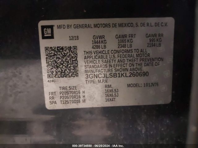 3GNCJLSB1KL260690 Chevrolet Trax Lt