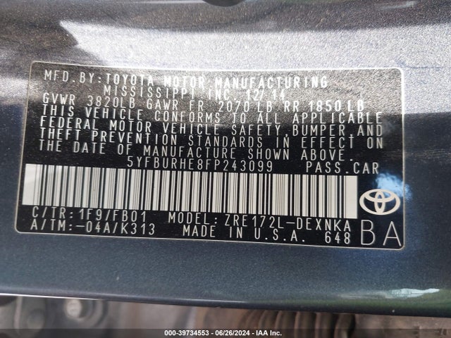 Toyota COROLLA LE 2015 5YFBURHE8FP243099 Image 9