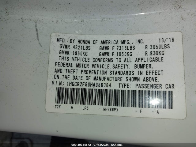 Honda Accord Ex-l 2017 1HGCR2F80HA086364 Image 9