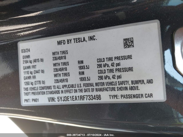 Tesla Model 3 Rear-wheel Drive 2024 5YJ3E1EA1RF733498 Image 9