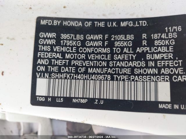 SHHFK7H40HU409678 Honda Civic Sport
