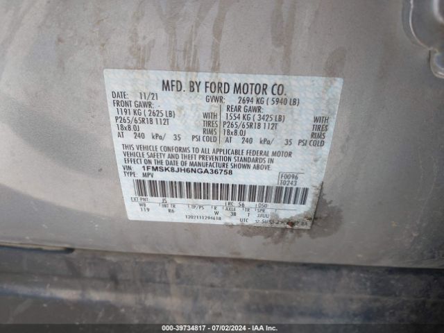 1FMSK8JH6NGA36758 Ford Explorer Timberline