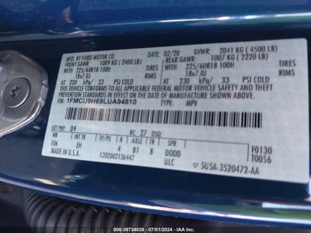 2020 FORD ESCAPE 1FMCU9H69LUA94810 Photo 8