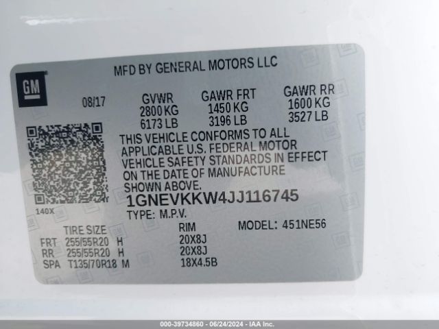 1GNEVKKW4JJ116745 Chevrolet Traverse High Country