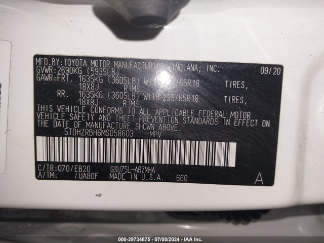 Toyota Highlander Xle 2021 5TDHZRBH6MS058603 Image 9