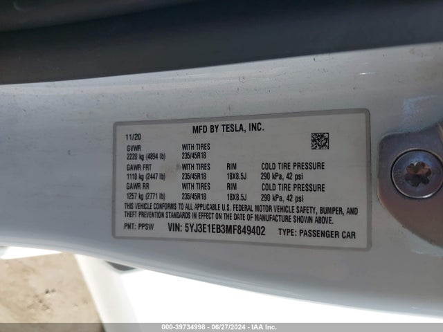 Tesla Model 3 Long Range Dual Motor All-wheel Drive 2021 5YJ3E1EB3MF849402 Image 9
