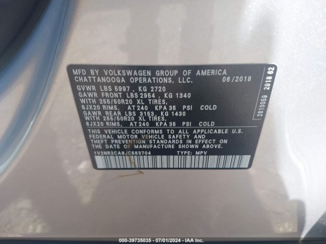 1V2NR2CA8JC583704 Volkswagen Atlas 3.6l V6 Sel Premium