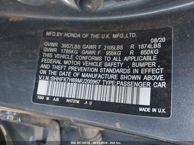 Honda CIVIC EX 2021 SHHFK7H69MU200967 Image 9