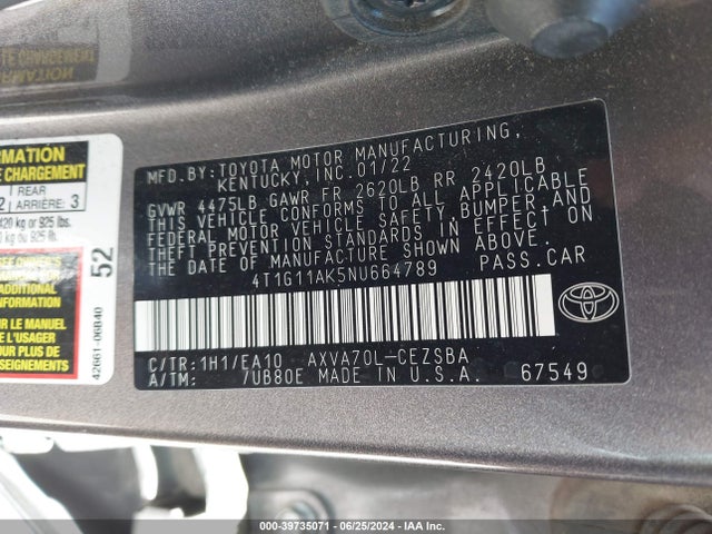 Toyota CAMRY SE 2022 4T1G11AK5NU664789 Image 9