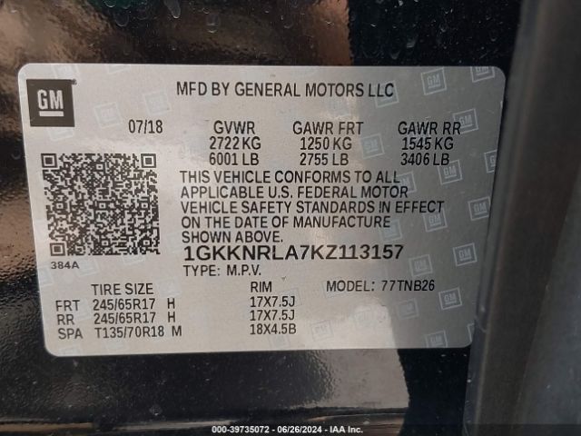 1GKKNRLA7KZ113157 GMC Acadia Sle-1