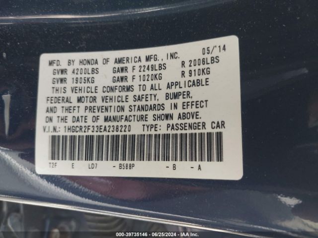 1HGCR2F33EA238220 Honda ACCORD LX