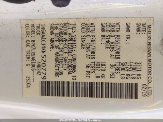 1N6AA1CJ4KN520779 Nissan TITAN S