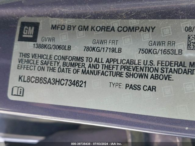 KL8CB6SA3HC734621 Chevrolet Spark Ls Cvt