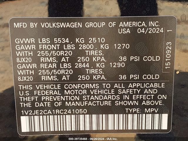 1V2JE2CA1RC241050 Volkswagen Atlas Cross Sport 2.0t Se W/technology