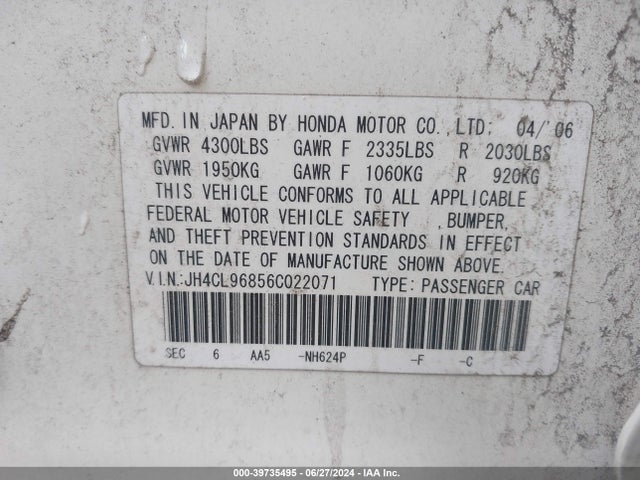 Aukcja sprzedaży 2006 Acura Tsx, vin: JH4CL96856C022071, numer aukcji: 39735495